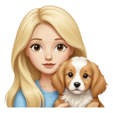 Pretty blonde girl with long hair and long eyelashes and a cavalier puppy, a golden retriever puppy, and a Great Pyrenees sticker