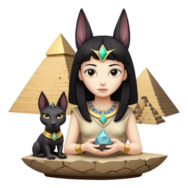 Kindly alien Protecting silky black-haired tiny statuette scale Anubis and pyramid scenery stone-age cracked irregular  bonsai pot  sticker