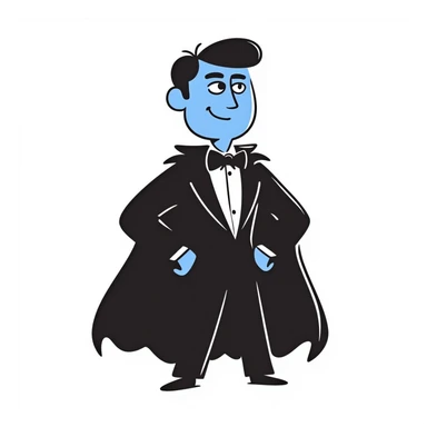 megamind character, blue-skinned supervillain with a large head, wearing a black cape and suit, confident expression, hand-drawn doodle style sticker