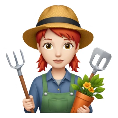 red hair gardener holding gardening tools, with hat sticker