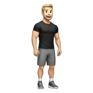 amazed Open with surprise mouth Pale skinned Fit Man With the biceps and dark brown hair in black shirt, gray sports shorts and white Sneakers sticker