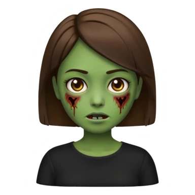 Zombie girl emoji verde um pouco escuro com cabelo curto liso castanho no ombro com uma blusa preta sticker