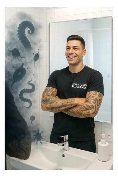 a man stands in a brightly lit bathroom, looking relieved and revitalized as he examines his reflection in the mirror. In the foreground, stylized, shadowy images of parasites (such as worms or protozoa) are shown leaving his body, dissolving into mist or fading away. His posture is upright and his expression is one of newfound energy and health. sticker