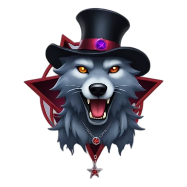 demonic wolf with a pentagram top hat and a pentagram chain with a haunting night background sticker