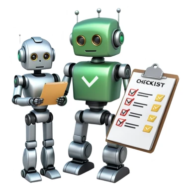 robot checking another robot's work with a checklist and a green checkbox sticker