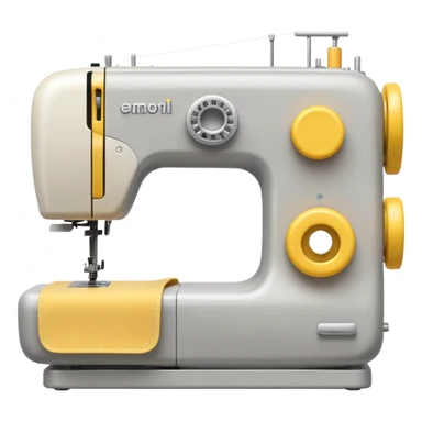 Emoji of a modern sewing machine inspired by a Brother machine. Soft, rounded shapes in the style of Apple emojis, with subtle gradients and soft shadows. White body with light gray details, a yellow spool on top sticker