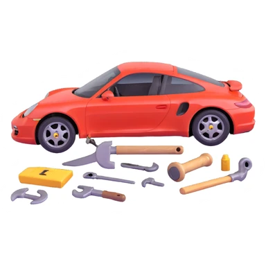 icon of a Porsche luxury car with a clearly visible dent or damage on the bodywork, with bodywork reconstruction tools like a lever, small hammer, and repair equipment positioned to show active repair, elegant and modern sticker