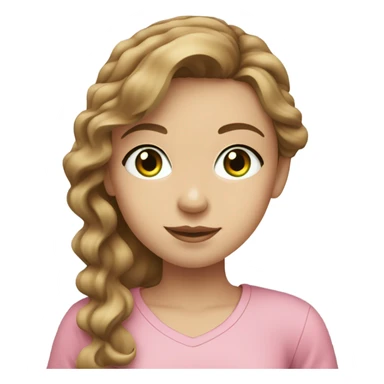 girl with wavy light brown hair, pale to tan skin and green eyes full lips. pink top showing peace sign sticker