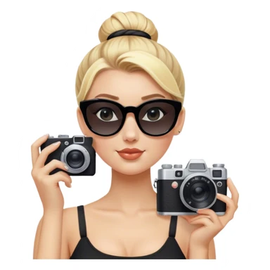 Blonde white girl with film camera wearing black sunglasses with a high bun sticker