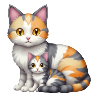full body dark grey and white cat cuddling a colourful light patched calico + white tabby cat  sticker