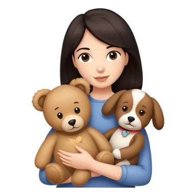 Woman with dark hair holding a teddy bear and pets sticker