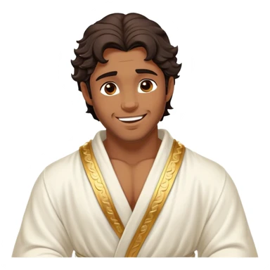 Cinematic Realistic Hercules Portrait, head tilted playfully and inquisitively, capturing the spirit of a timeless Greek hero with a warm, inviting smile. His bronze, marble-like skin and thick, wavy dark hair are rendered with classical precision, while his flowing white robe with delicate golden embellishments accentuates his muscular form. Soft natural light brings out the playful yet powerful essence of this legendary figure. sticker