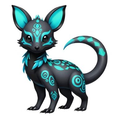 Rare futuristic bioluminescent iridescent neon glowingexotic cute epic aesthetic gothic colorful Salandit-Eevee-Trico-Civet-species-Fakemon-hybrid-creature, with intricate tattoo markings, full body sticker