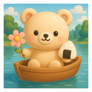 A cute bear in a wooden boat holding a flower and a rice ball with a background. sticker