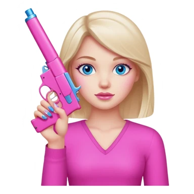 White Girl hand pink nails holding pink gun with blue eyes sticker