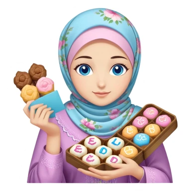 Turkish beautiful finish Konya girl blue eyes with pastel floral hijab islamic dress and had on her hand text Eid Mubarak with sweets and celebrating with her friends eid days   sticker