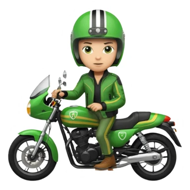 ojek online driver, using motorbike, the helmet is green. green jacket, not green motorbike (maybe a black jacket with green stripes just a little) then please make the driver not looking at "camera",  sticker
