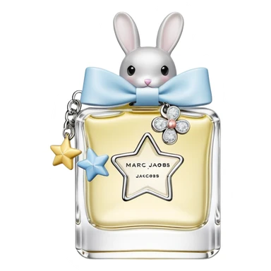 Create an emoji of a clear perfume bottle labeled ‘Perfect Marc Jacobs’ with a silver cap topped with fun charms: a silver star, white bow, yellow ring, blue rabbit, and domino tile. Soft pastel colors, cute and playful style sticker