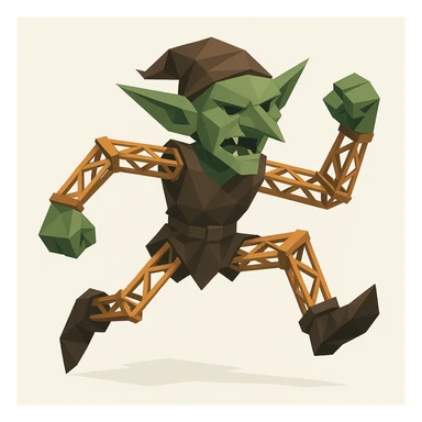 a fantasy goblin character with limbs and torso formed from lattice truss elements, dynamic pose, white background sticker