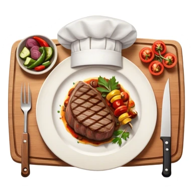 icon featuring a chef’s hat, a cutting board with fresh ingredients, a knife, a beautifully cooked ribeye steak, shashlik skewers, and a plate of food in the making. The design captures the passion of cooking with warm, inviting colors, and realistic textures. Transparent background. sticker