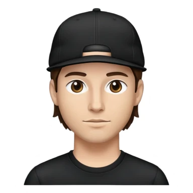 a white bro with brunette hair, wearing a black cap and a black shirt sticker