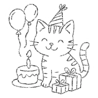 outlined icon of a ginger tabby kitten celebrating birthday, wearing a birthday hat, with birthday cake, balloons, happy expression, and gifts sticker