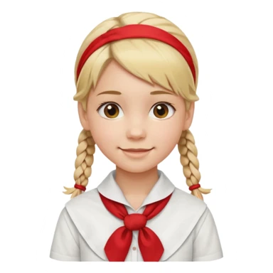 A Soviet pioneer girl emoji — smiling young girl with blonde hair tied into two short braids. She wears a white school shirt and a wide bright red pioneer neckerchief tied in a loose triangular knot at the chest (not a necktie). No suspenders, no jacket, no hat sticker