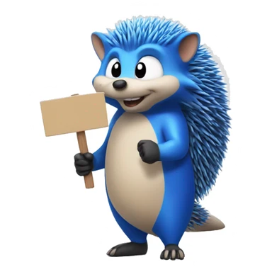 blue hedgehog, holding a sign sticker