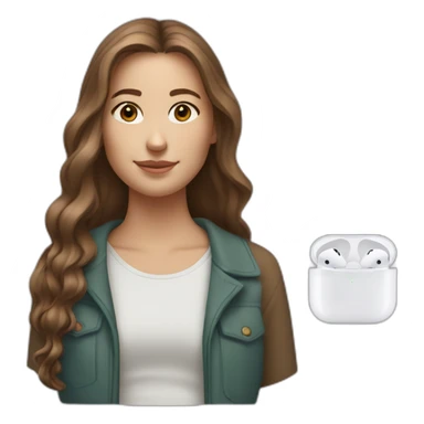 young white woman, brown long hair with reflections wearing airpods max sticker