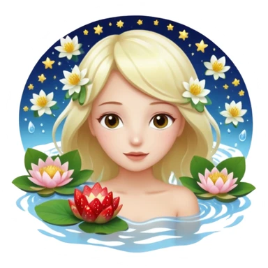 a beautiful girl mix with  watel lili and  Strawberries  being born with an nenuphar on her light hair on stars  sticker