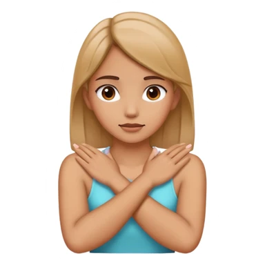 A girl with her hands crossed holding her neck sticker