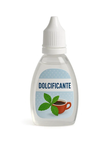 boccetta di dolcificante LIQUIDO COME IL DIETETIC con la scritta "DOLCIFICANTE" SULL'ETICHETTA, ISOLATA SU SFONDO BIANCO sticker