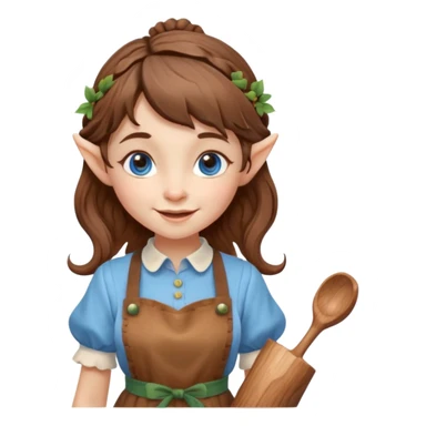 Kind happy whimsical quirky Girl toymaker, wood carving elf. Woodland creator. Blue eyes. brown hair (just below chin length) wavy hair & bangs. Whimsical playful cute sticker