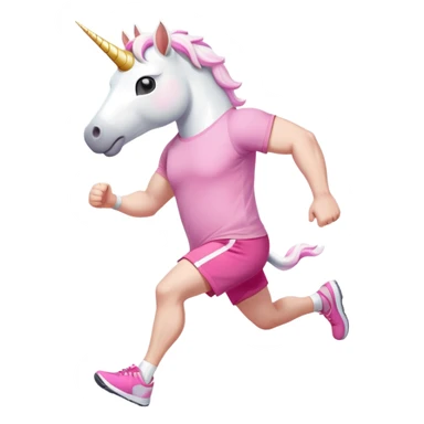 friendly anthropomorphised male white unicorn with a stocky, strong build, white arms and legs, wearing grey shorts and pink t-shirt, dark sunglasses, jogging upright in a standard pose sticker