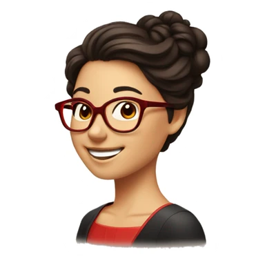 person with dark brown hair with a pronounced bust, updo and hair with red glasses, perfect smile, smiling in profile, with thoughts about chemistry sticker