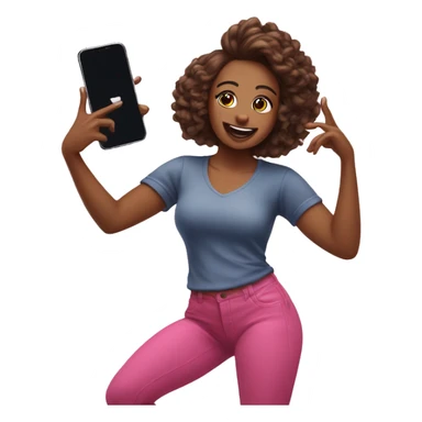 An emoji of a woman recording a TikTok dance video, holding a smartphone, mid-dance with a confident pose sticker