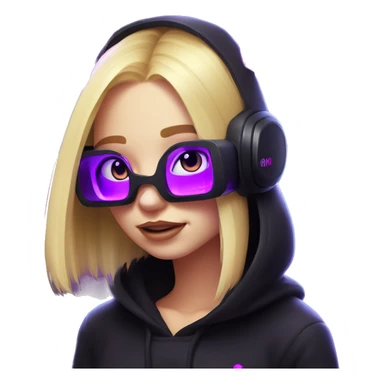 Russian cute blond girl wearing black hoody with violet letters "OMG", in vr headset. Cyberpunk style. Violet neon. sticker