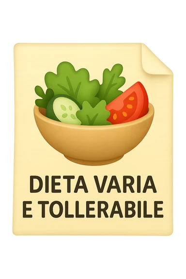 emoji stile iphone di un foglio con un insalata disegnata sopra e la scritta "DIETA VARIA E TOLLERABILE, iperrealistico 4k, isolato su sfondo bianco sticker