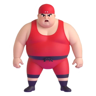 Close-up of white skin fat guy no muscle with prominent black durag, completely shaved face, no beard or mustache, black eyes in a red and black wrestling singlet with angry face sticker
