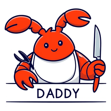 A lobster holding a knife and fork with a food bib and a sad face with a word bubble above it saying daddy sad ￼ sticker