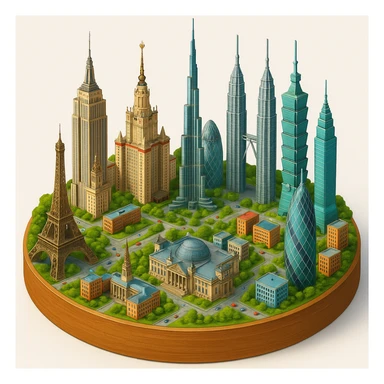 Оставь основу картинки - деревянную подставку, но при этом сгенерируй изометричная, яркая, детализированная и фотореалистичная иллюстрация где будет самые узнаваемые здания мира Эмпайр Стейт Билдинг, Эйфелева башня, здание МГУ, Бурдж-Халифа, Башни Петронас, Небоскрёб Фостера в Лондоне, Рейхстаг, Тайбэй sticker