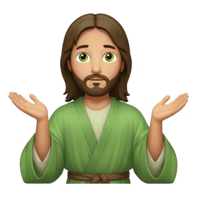 Jesus, green eyes, light green robe. opening arms, gazing thoughtfully. Soft light, subtle fern. Waist-up, profile. sticker