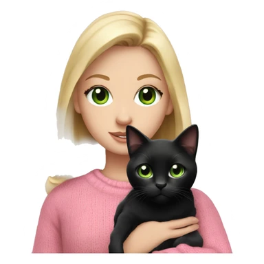 Pretty green eyed white girl with blonde hair in a pink sweater holding a black cat sticker