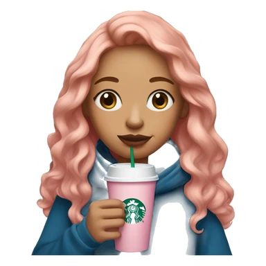 Girl with strawberry blonde hair, freckles under her eyes, dark blue eyes, a pink hoodie, holding a Starbucks cup sticker