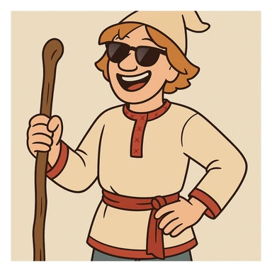 Ivan the Fool in sunglasses, smiling, holding a staff, Russian peasant attire, cartoon style sticker