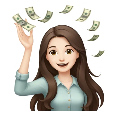 happy beautiful pale brunette girl with long hair throwing money sticker