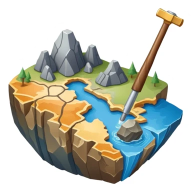 An icon featuring a rock hammer, a geological map, and layers of Earth’s crust, symbolizing geology. The design includes mineral samples, fossils, and tectonic plates, representing the study of Earth’s structure and natural processes. Transparent background highlights geological exploration sticker