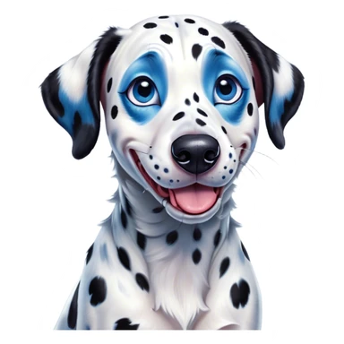 Cinematic Comical Spotted Dalmatian Portrait Emoji, Head tilted dramatically with an exaggeratedly shocked or amused expression, featuring a striking Fur of predominantly white with vivid black patches, wide, expressive blue eyes filled with playful disbelief, Simplified yet hilariously expressive features, highly detailed, glowing with a slightly sassy glow, high shine, dramatic yet playful, stylized with an air of cheeky charm, bright and endearing, soft glowing outline, capturing the essence of a spirited and over-the-top guardian, so meme-worthy it feels like it could side-eye its way into internet fame instantly! sticker