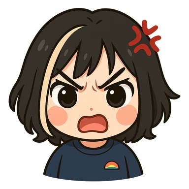 Make this exact chibi girl look angry, keeping the same anime chibi style, face, hair, and outfit. Add furrowed brows, a frown, and a little anger mark on her forehead. Transparent background, sized for Twitch emoji use. sticker
