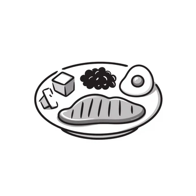 A plate with various protein foods arranged neatly: meat, egg, beans, tofu, and yogurt. sticker